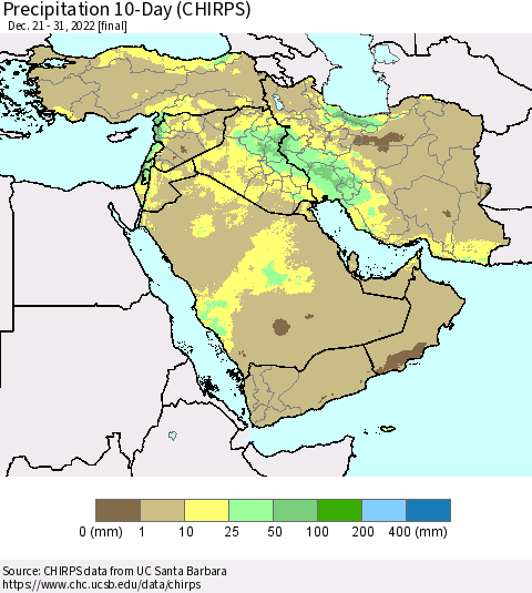 Middle East and Turkey Precipitation 10-Day (CHIRPS) Thematic Map For 12/21/2022 - 12/31/2022
