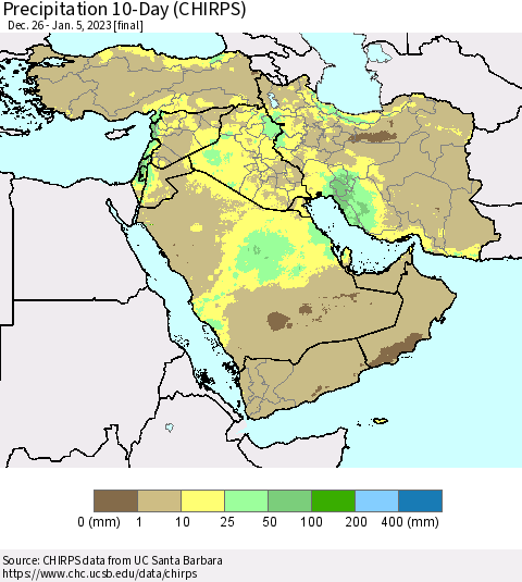Middle East and Turkey Precipitation 10-Day (CHIRPS) Thematic Map For 12/26/2022 - 1/5/2023