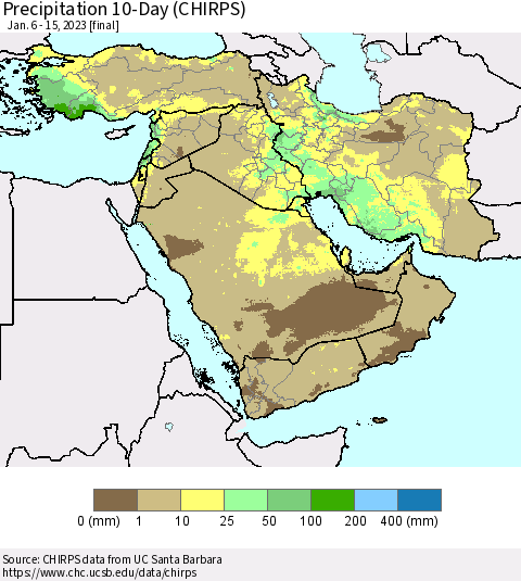 Middle East and Turkey Precipitation 10-Day (CHIRPS) Thematic Map For 1/6/2023 - 1/15/2023