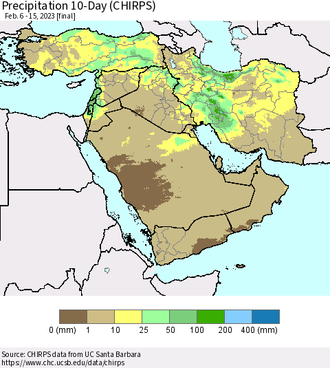 Middle East and Turkey Precipitation 10-Day (CHIRPS) Thematic Map For 2/6/2023 - 2/15/2023