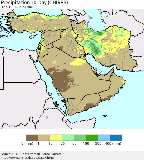 Middle East and Turkey Precipitation 10-Day (CHIRPS) Thematic Map For 2/11/2023 - 2/20/2023