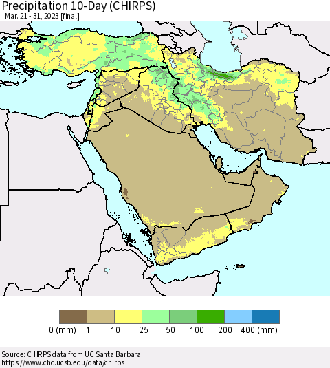 Middle East and Turkey Precipitation 10-Day (CHIRPS) Thematic Map For 3/21/2023 - 3/31/2023