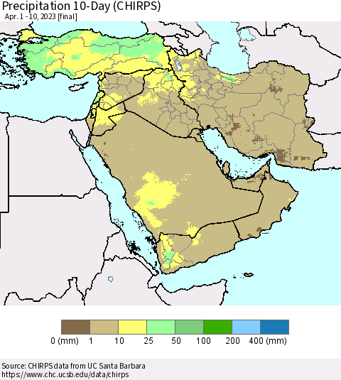 Middle East and Turkey Precipitation 10-Day (CHIRPS) Thematic Map For 4/1/2023 - 4/10/2023