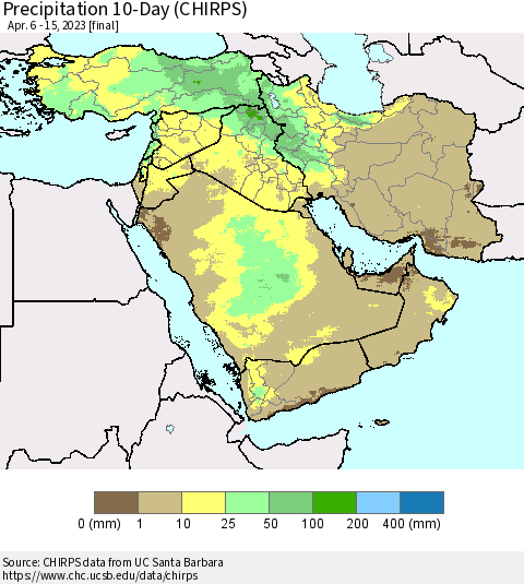 Middle East and Turkey Precipitation 10-Day (CHIRPS) Thematic Map For 4/6/2023 - 4/15/2023