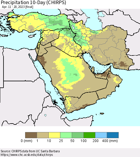 Middle East and Turkey Precipitation 10-Day (CHIRPS) Thematic Map For 4/11/2023 - 4/20/2023