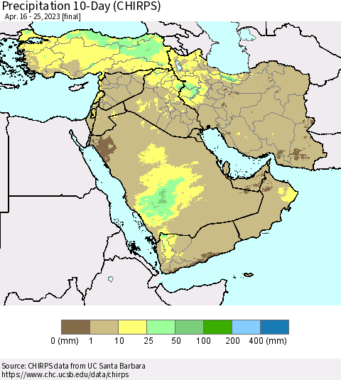 Middle East and Turkey Precipitation 10-Day (CHIRPS) Thematic Map For 4/16/2023 - 4/25/2023
