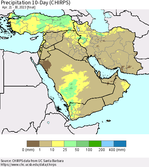 Middle East and Turkey Precipitation 10-Day (CHIRPS) Thematic Map For 4/21/2023 - 4/30/2023