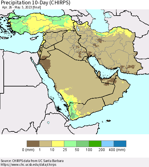 Middle East and Turkey Precipitation 10-Day (CHIRPS) Thematic Map For 4/26/2023 - 5/5/2023