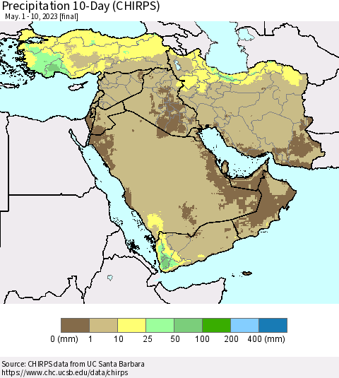 Middle East and Turkey Precipitation 10-Day (CHIRPS) Thematic Map For 5/1/2023 - 5/10/2023