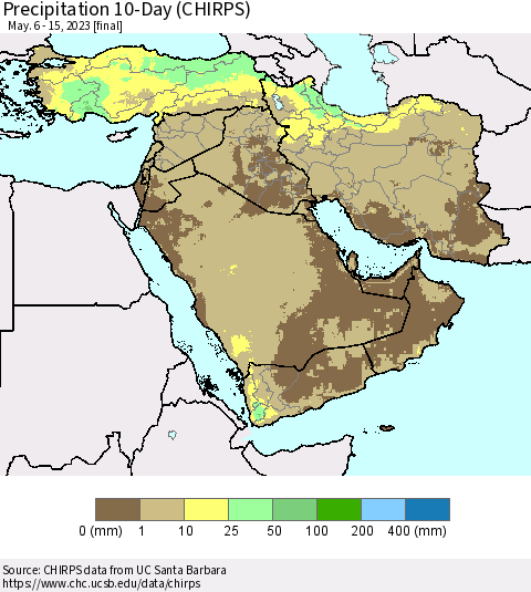 Middle East and Turkey Precipitation 10-Day (CHIRPS) Thematic Map For 5/6/2023 - 5/15/2023