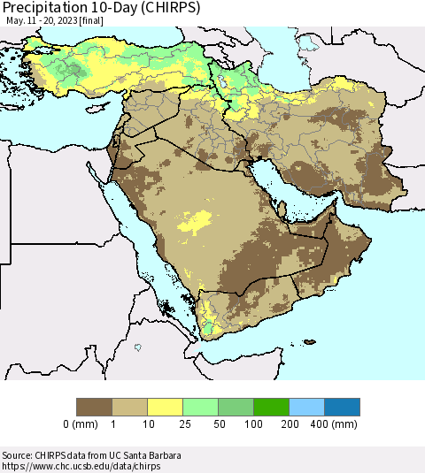 Middle East and Turkey Precipitation 10-Day (CHIRPS) Thematic Map For 5/11/2023 - 5/20/2023