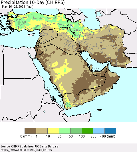 Middle East and Turkey Precipitation 10-Day (CHIRPS) Thematic Map For 5/16/2023 - 5/25/2023