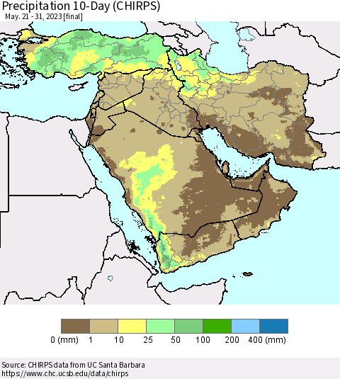 Middle East and Turkey Precipitation 10-Day (CHIRPS) Thematic Map For 5/21/2023 - 5/31/2023