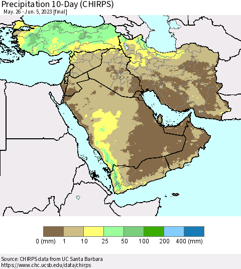 Middle East and Turkey Precipitation 10-Day (CHIRPS) Thematic Map For 5/26/2023 - 6/5/2023