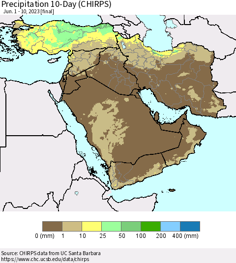 Middle East and Turkey Precipitation 10-Day (CHIRPS) Thematic Map For 6/1/2023 - 6/10/2023