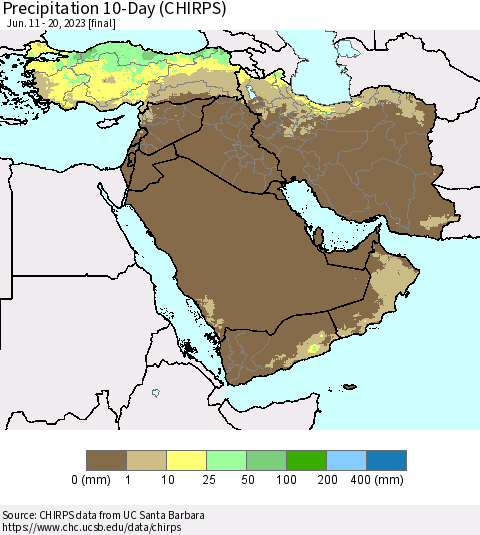 Middle East and Turkey Precipitation 10-Day (CHIRPS) Thematic Map For 6/11/2023 - 6/20/2023