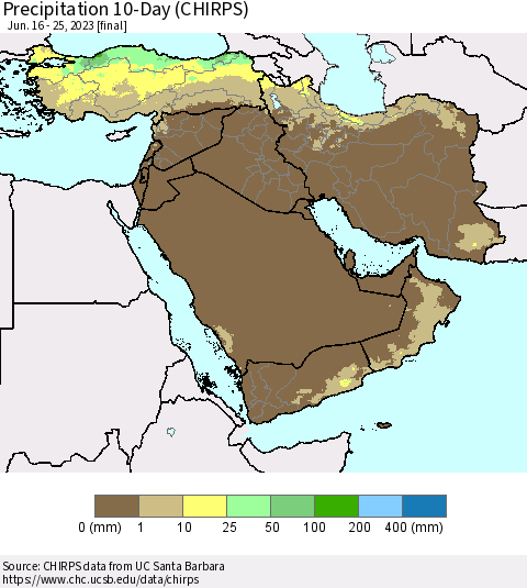 Middle East and Turkey Precipitation 10-Day (CHIRPS) Thematic Map For 6/16/2023 - 6/25/2023