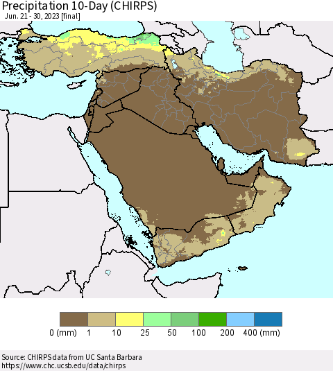 Middle East and Turkey Precipitation 10-Day (CHIRPS) Thematic Map For 6/21/2023 - 6/30/2023