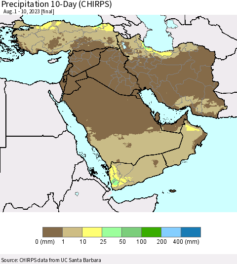 Middle East and Turkey Precipitation 10-Day (CHIRPS) Thematic Map For 8/1/2023 - 8/10/2023