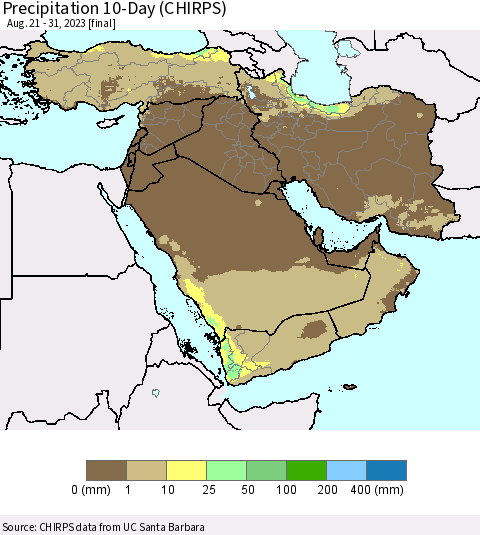 Middle East and Turkey Precipitation 10-Day (CHIRPS) Thematic Map For 8/21/2023 - 8/31/2023
