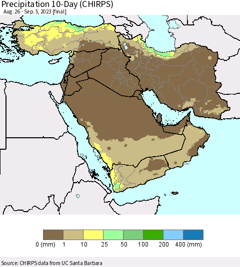 Middle East and Turkey Precipitation 10-Day (CHIRPS) Thematic Map For 8/26/2023 - 9/5/2023