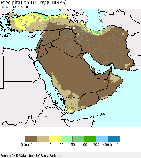 Middle East and Turkey Precipitation 10-Day (CHIRPS) Thematic Map For 9/1/2023 - 9/10/2023