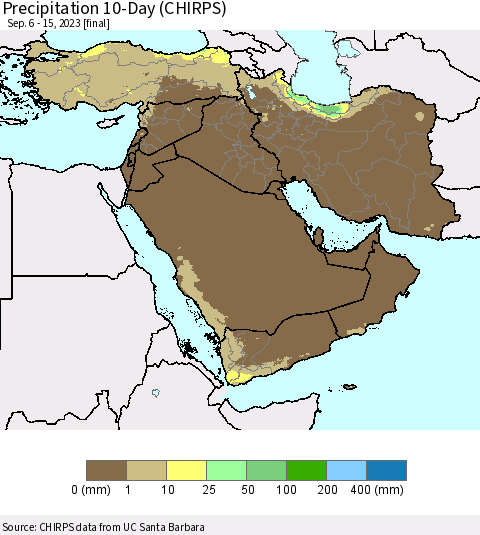 Middle East and Turkey Precipitation 10-Day (CHIRPS) Thematic Map For 9/6/2023 - 9/15/2023