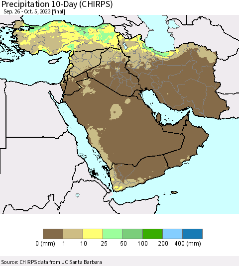 Middle East and Turkey Precipitation 10-Day (CHIRPS) Thematic Map For 9/26/2023 - 10/5/2023