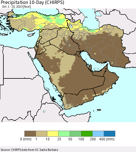 Middle East and Turkey Precipitation 10-Day (CHIRPS) Thematic Map For 10/1/2023 - 10/10/2023