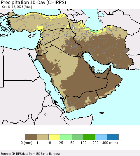 Middle East and Turkey Precipitation 10-Day (CHIRPS) Thematic Map For 10/6/2023 - 10/15/2023
