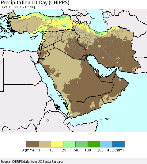 Middle East and Turkey Precipitation 10-Day (CHIRPS) Thematic Map For 10/11/2023 - 10/20/2023