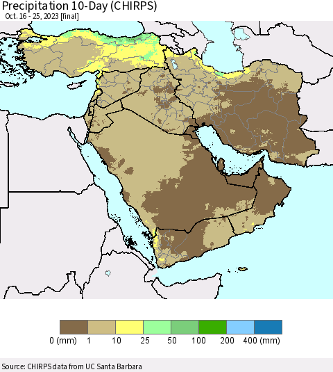 Middle East and Turkey Precipitation 10-Day (CHIRPS) Thematic Map For 10/16/2023 - 10/25/2023
