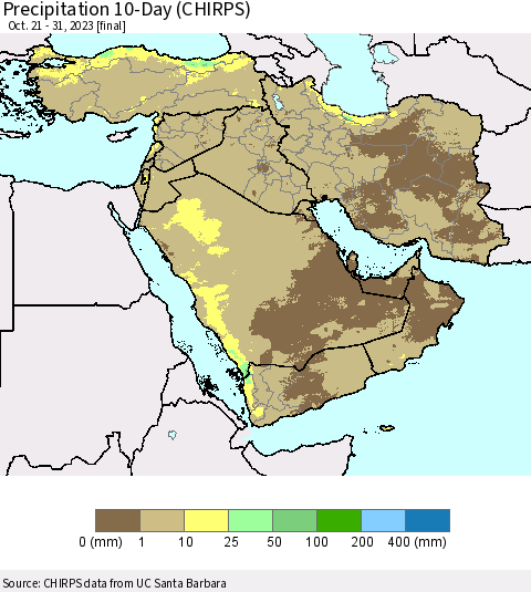 Middle East and Turkey Precipitation 10-Day (CHIRPS) Thematic Map For 10/21/2023 - 10/31/2023