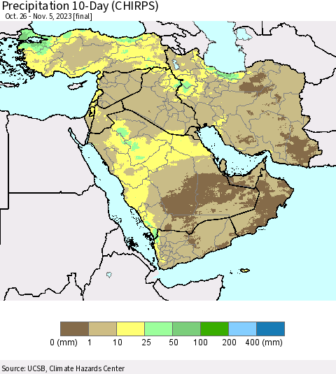 Middle East and Turkey Precipitation 10-Day (CHIRPS) Thematic Map For 10/26/2023 - 11/5/2023