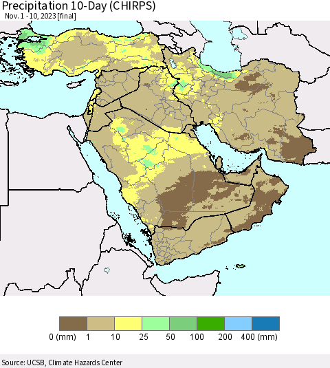 Middle East and Turkey Precipitation 10-Day (CHIRPS) Thematic Map For 11/1/2023 - 11/10/2023