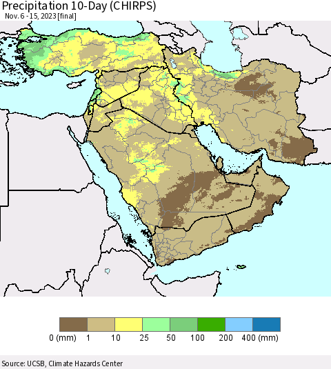 Middle East and Turkey Precipitation 10-Day (CHIRPS) Thematic Map For 11/6/2023 - 11/15/2023
