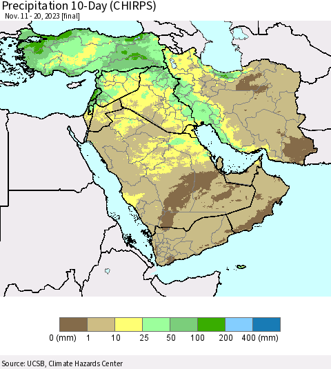 Middle East and Turkey Precipitation 10-Day (CHIRPS) Thematic Map For 11/11/2023 - 11/20/2023