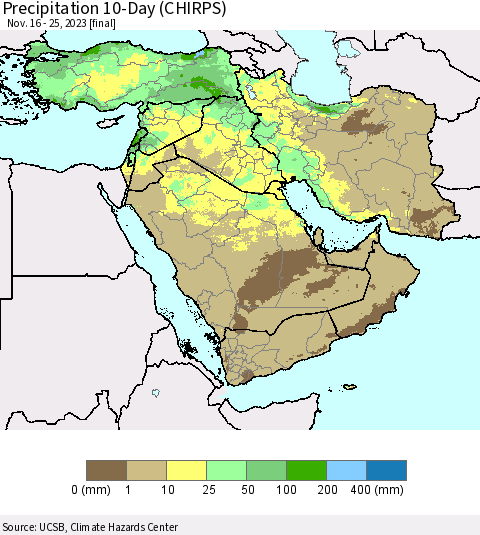 Middle East and Turkey Precipitation 10-Day (CHIRPS) Thematic Map For 11/16/2023 - 11/25/2023