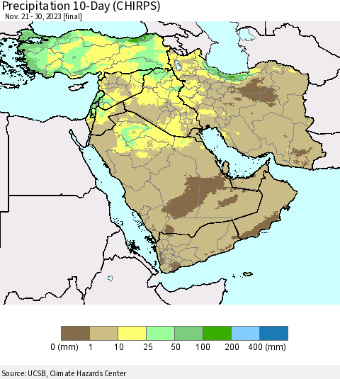 Middle East and Turkey Precipitation 10-Day (CHIRPS) Thematic Map For 11/21/2023 - 11/30/2023