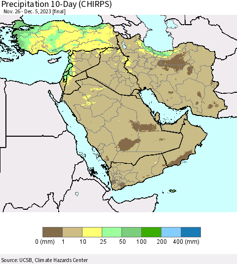 Middle East and Turkey Precipitation 10-Day (CHIRPS) Thematic Map For 11/26/2023 - 12/5/2023