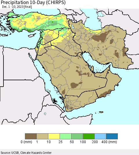 Middle East and Turkey Precipitation 10-Day (CHIRPS) Thematic Map For 12/1/2023 - 12/10/2023