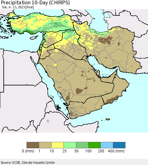 Middle East and Turkey Precipitation 10-Day (CHIRPS) Thematic Map For 12/6/2023 - 12/15/2023