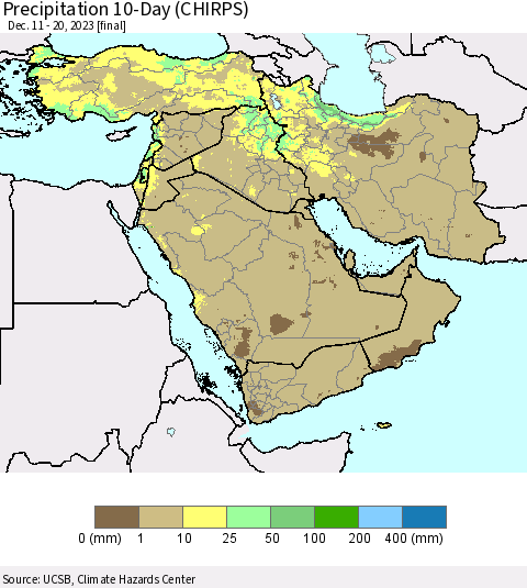 Middle East and Turkey Precipitation 10-Day (CHIRPS) Thematic Map For 12/11/2023 - 12/20/2023