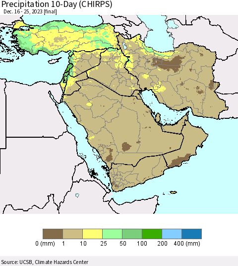 Middle East and Turkey Precipitation 10-Day (CHIRPS) Thematic Map For 12/16/2023 - 12/25/2023