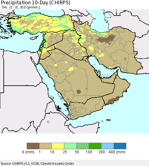 Middle East and Turkey Precipitation 10-Day (CHIRPS) Thematic Map For 12/21/2023 - 12/31/2023