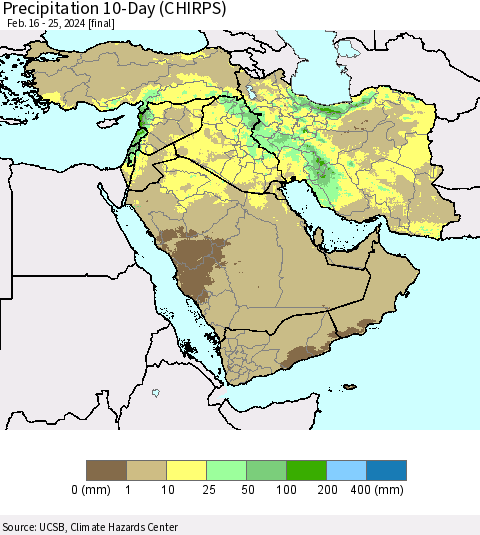 Middle East and Turkey Precipitation 10-Day (CHIRPS) Thematic Map For 2/16/2024 - 2/25/2024