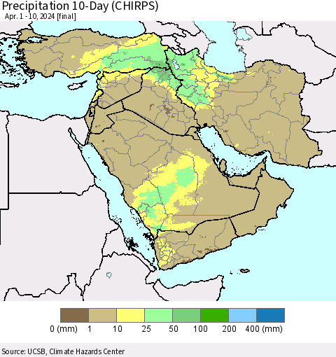 Middle East and Turkey Precipitation 10-Day (CHIRPS) Thematic Map For 4/1/2024 - 4/10/2024