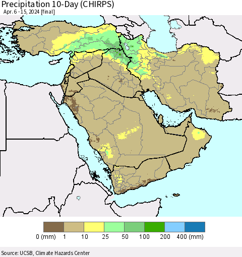 Middle East and Turkey Precipitation 10-Day (CHIRPS) Thematic Map For 4/6/2024 - 4/15/2024