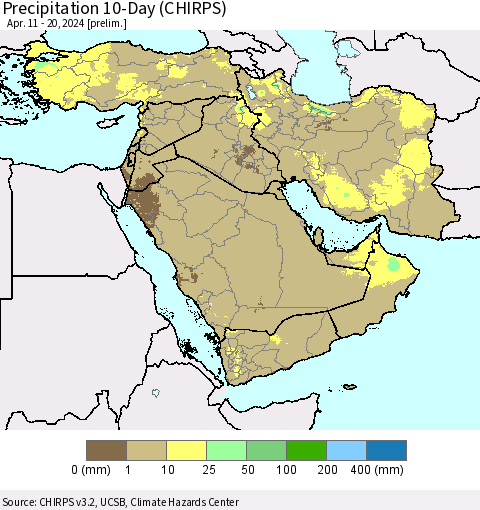 Middle East and Turkey Precipitation 10-Day (CHIRPS) Thematic Map For 4/11/2024 - 4/20/2024