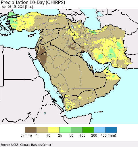 Middle East and Turkey Precipitation 10-Day (CHIRPS) Thematic Map For 4/16/2024 - 4/25/2024